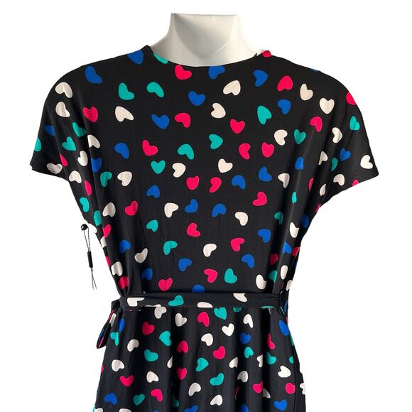 New* Wrap Dress Size Medium Black Pink Green Hearts Fit & Flare Colorful READ - Picture 13 of 16